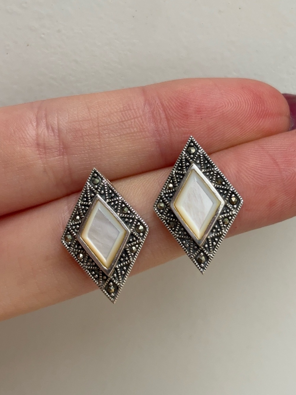 Sterling Silver Marcasite Mother of Pearl Diamond Shaped Art Deco Style Earrings